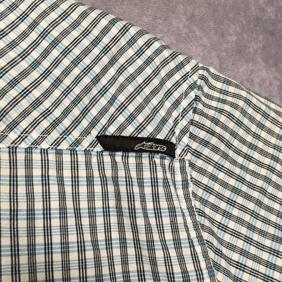 Alpinestars Mens Plaid Shirt size XXL Short Sleeve Button Up Pocket White Blue - Picture 6 of 16